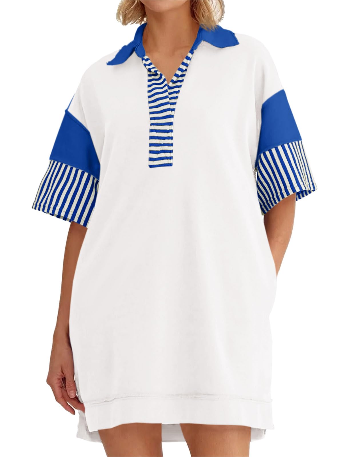 Photo 1 of Wenrine Women's Polo V Neck T Shirt Dress Casual Summer Oversized Color Block Short Sleeve Sweatshirt Mini Dresses Blue