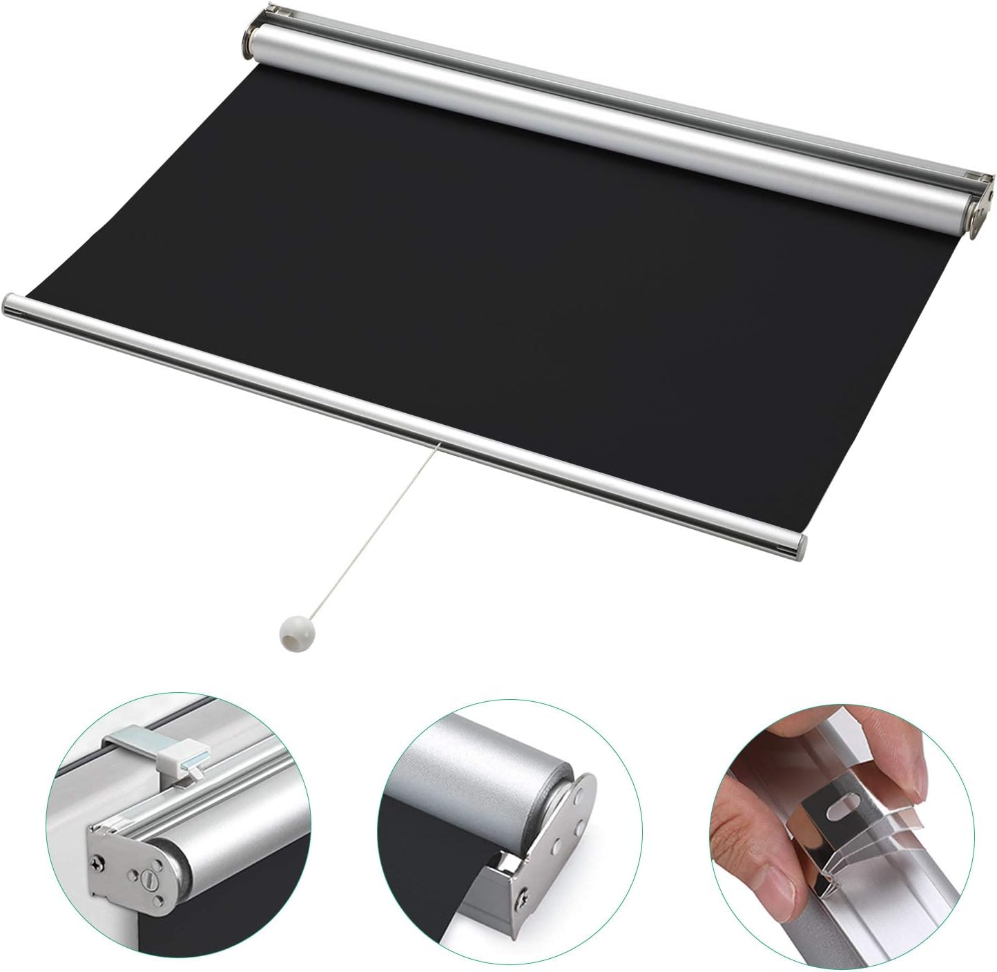 iKINLO 80 x 180 cm Black Blackout Thermal Roller Blind Cordless Window Blinds Curtains with