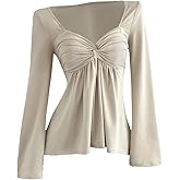 SOLY HUX Women's Twist Front Peplum Tops Long Sleeve Sweetheart Neck Tee Ruffle Hem T Shirt