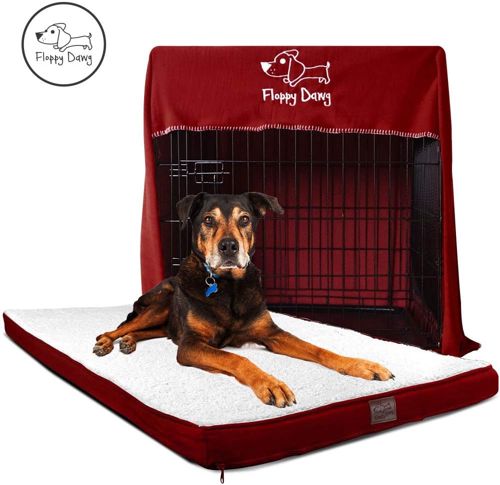 Floppy Dawg Gel Memory Foam Dog Bed and Crate Cover Bundle | Large Dog Bed Measures 40 x 28 x 2 and Features Gel Top Layer | Crate Cover Doubles as a Comfy Blanket