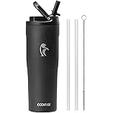 Coolflask Water Bottle 32 oz Fits Car Cup Holder, Slim Tumbler Stainless Steel with Straw & Handle, Vacuum Flask Leakproof Wide Mouth for Travel Sports Gym, Black