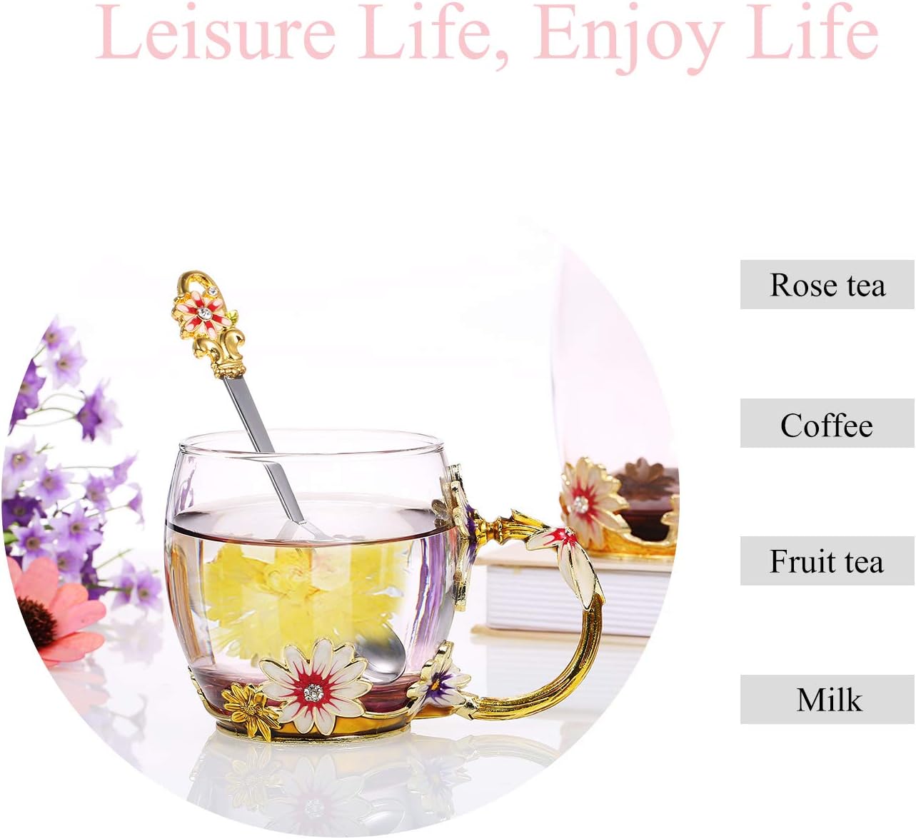 Decdeal Enamel Glass Mug Flower Tea Cup Coffee Mug with Spoon & Cleaning Cloth & Gift Box, Gifts for Mum Wife, Girl - Image 4
