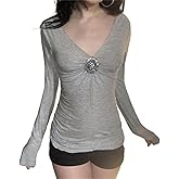 Sup-Coente Goth Top T Shirt Women Y2k V Neck Punk Long Sleeve Fitted Grunge 2000s Harajuku