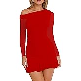 HOCILLE Women's Sexy Bodycon One Shoulder Mini Dresses Long Sleeve Ruched Ruffle Hem Club Party Short Dress