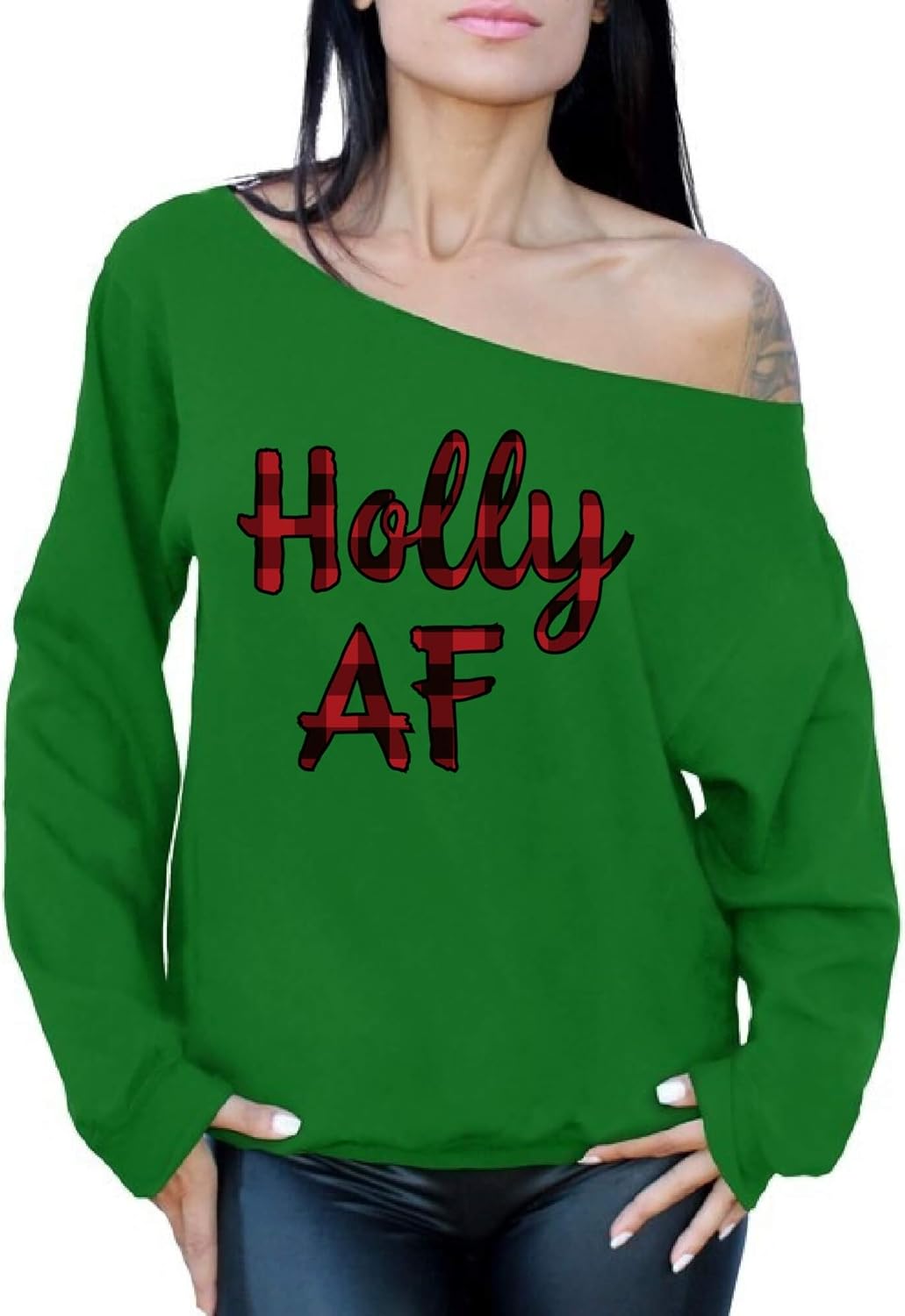Awkward Styles Ugly Xmas Sweatshirt Off Shoulder Christmas Holly AF Plaid Sweater at Amazon 