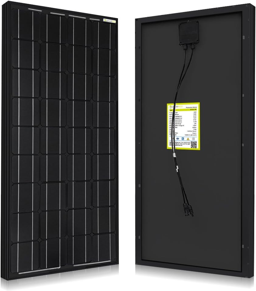 100 Watt N-Type 25% High Efficiency Monocrystalline Photovoltaic Solar Panels All Black Module with Solar Connectors 12V Battery Charging for RV, Boat, Marine, Trailer, Farm