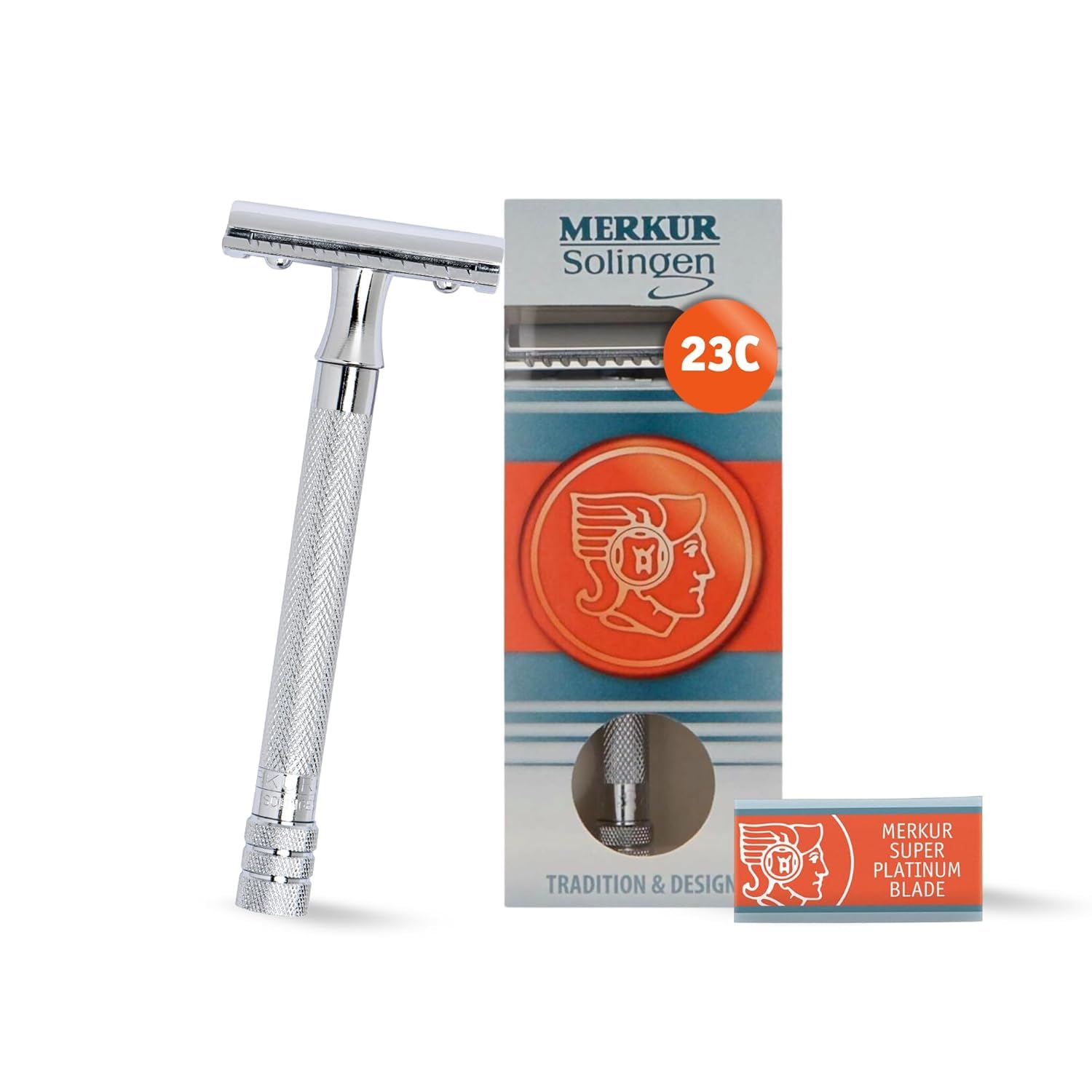 Photo 1 of MERKUR 23C Double Edge Safety Razor - Polished Chrome, Long Knurled Brass Handle, Made in Germany, Plastic-Free, Three Piece Design, Closed Comb, Straight Bar