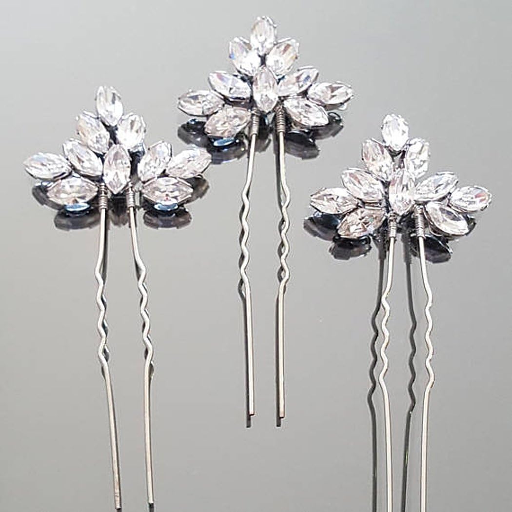 Artio Wedding Hair Pins Accessories with Rhinestones for Women and Girls 3PCS (Silver)