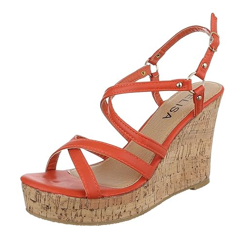 Keilsandaletten Damen-Schuhe Plateau Keilabsatz/ Wedge Keilabsatz Schnalle Ital-Design Sandalen / Sandaletten Orange, Gr 38, Hs-9-