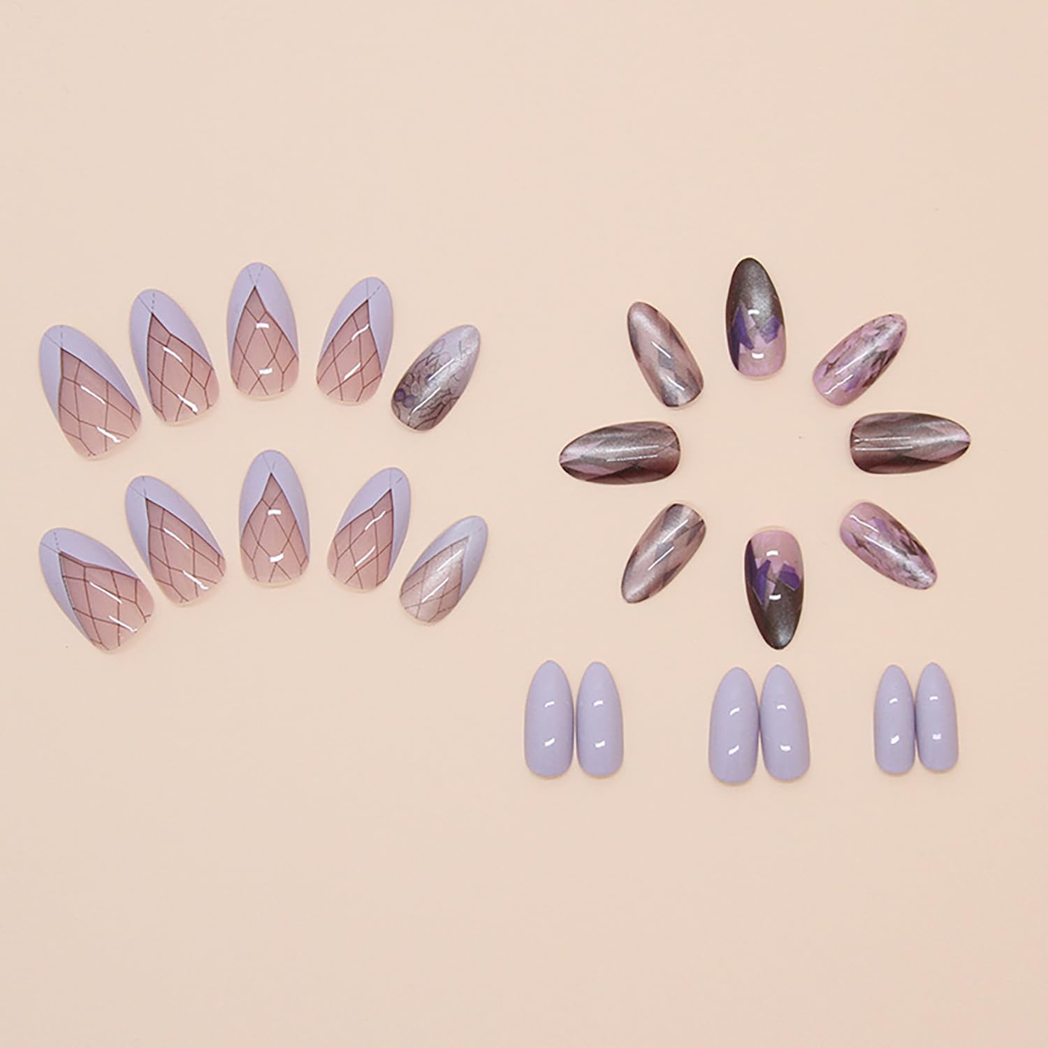 24 Pcs Medium Press on Nails Almond RIICFDD Fake Nails Light Purple Glitter False Nails Flower Design Artificial Glossy Full Cover Glossy Acrylic Nails for Women and Girls Nail Decor - Image 2
