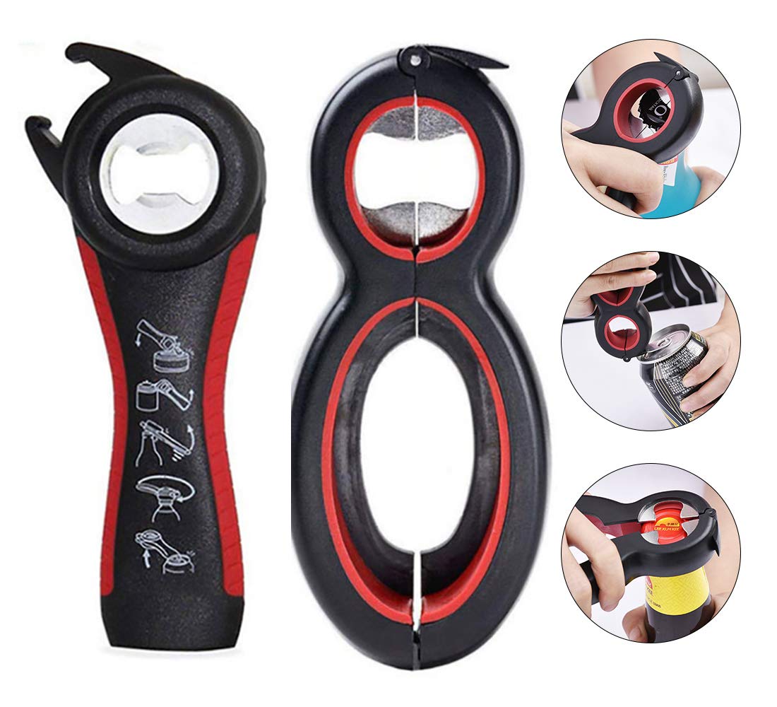 Multi Bottle Opener,2 Pieces Multi Bottle Can and Jar Grip Opener,Include 5-in-1 and 6-in-1, Twist Off Lid Kitchen Tool Suitable for Seniors or Arthritic Hands(Black+Red)