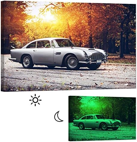 Glow in the Dark Canvas Painting - Stretched and Framed Giclee Wall Art Print - Cars Motorcycles Aston Martin Db5 - Master Bedroom Living Room Decor - 36 x 24 inch