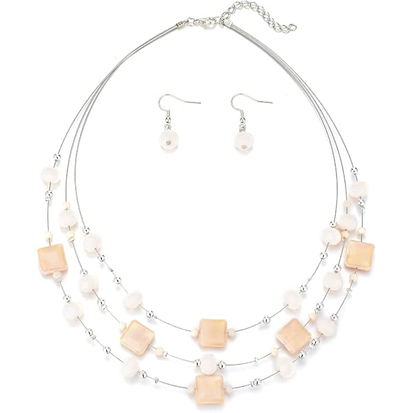 Aenu 3-Layer Handmade Beaded Necklace & Earrings Set - Dainty Boho Choker Set, Multi-Color, 18-23" Length - View #2