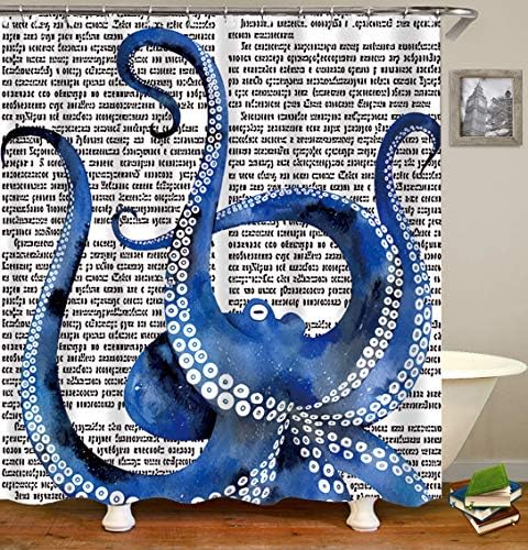 OCCIGANT Octopus Decorative Shower Curtain Set A Blue Octopus Print on Russian Retro Newspaper Background Durable Waterproof Polyester Fabric Bathroom Decor Set with Hooks 60"×72"