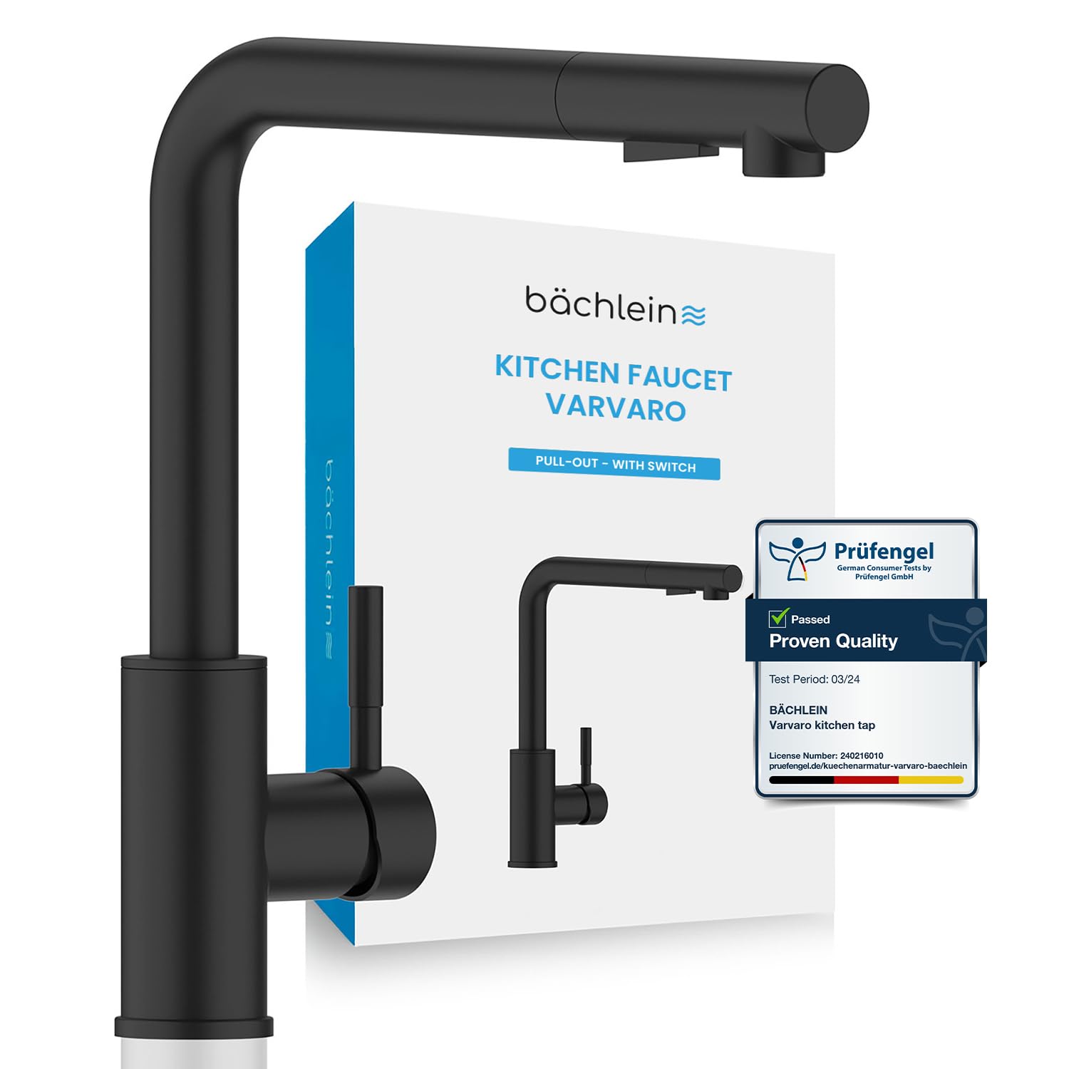 Bächlein Kitchen Mixer 360 Degree Swivel (Matt Black) - Single Lever Sink Mixer Made of Stainless Steel with Extendable Hose and Shower with Switch, Water Tap for The Kitchen