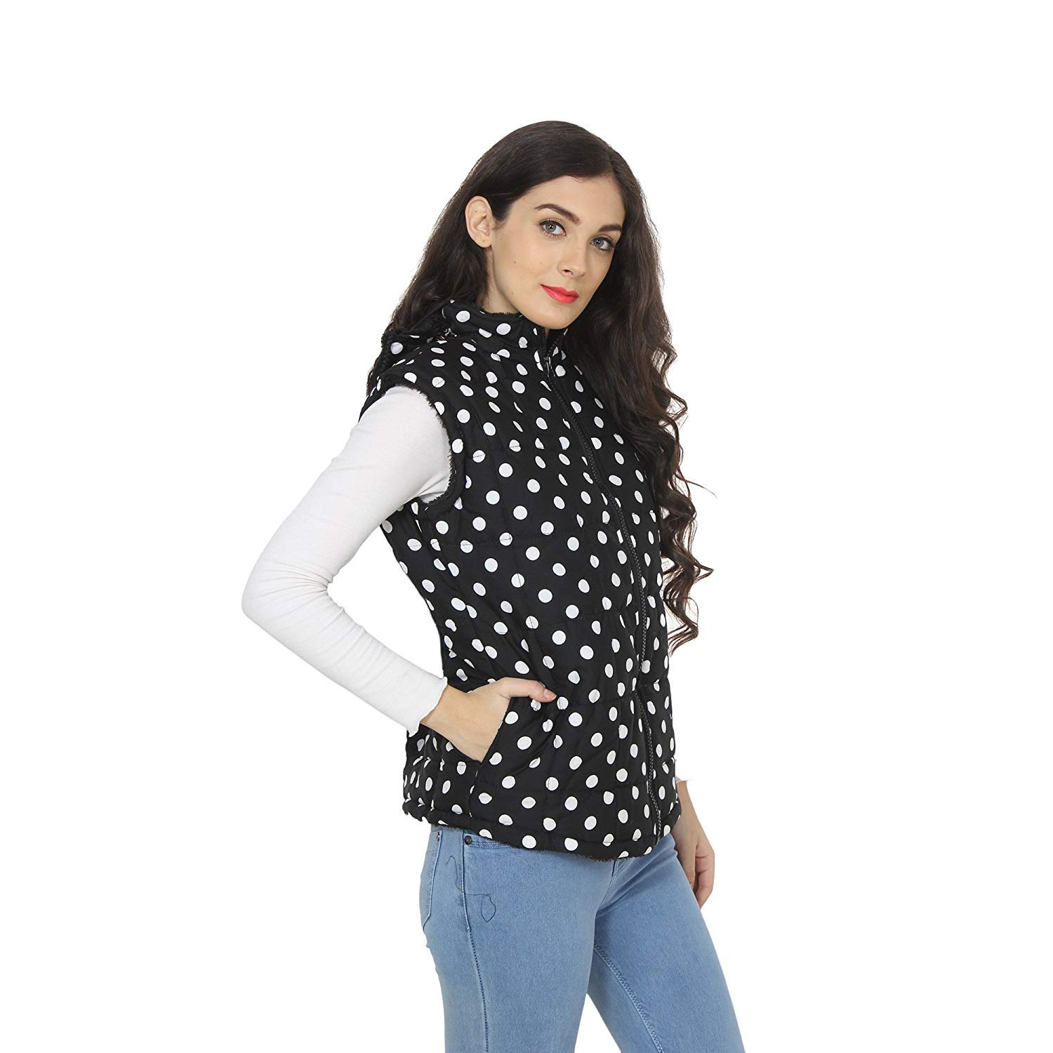 my swag women's polka dot crepe sleeveless quilted hooded jacket