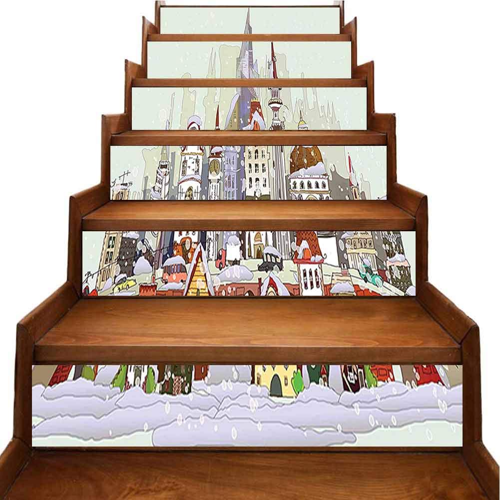 3D Colorful Stair Stickers in The City Xmas Background Holiday Traditional Winter Scenery Pale Green Grey Self Adhesive Waterproof for Home Decor or Furniture Decor, W39.3 x H7 inch