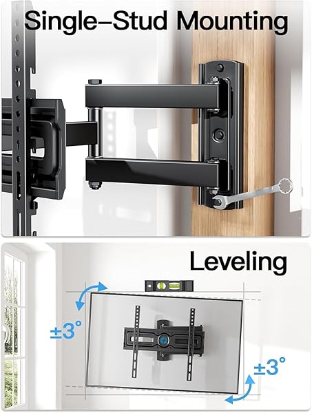 PIPISHELL FULL MOTION TV WALL MOUNT FOR MOST 26-65 INCH FLAT & CURVED TVS UP TO 77 LBS, ADJUSTABLE BRACKET HEIGHT, CORNER TV MOUNT WITH SINGLE ARTICULATING ARM, MAX VESA 400X400MM, PIMF9