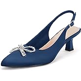 Coutgo Womens Kitten Heels Satin Pumps Slingback Pointed Toe Rhinestone Bow Wedding Dress Shoes