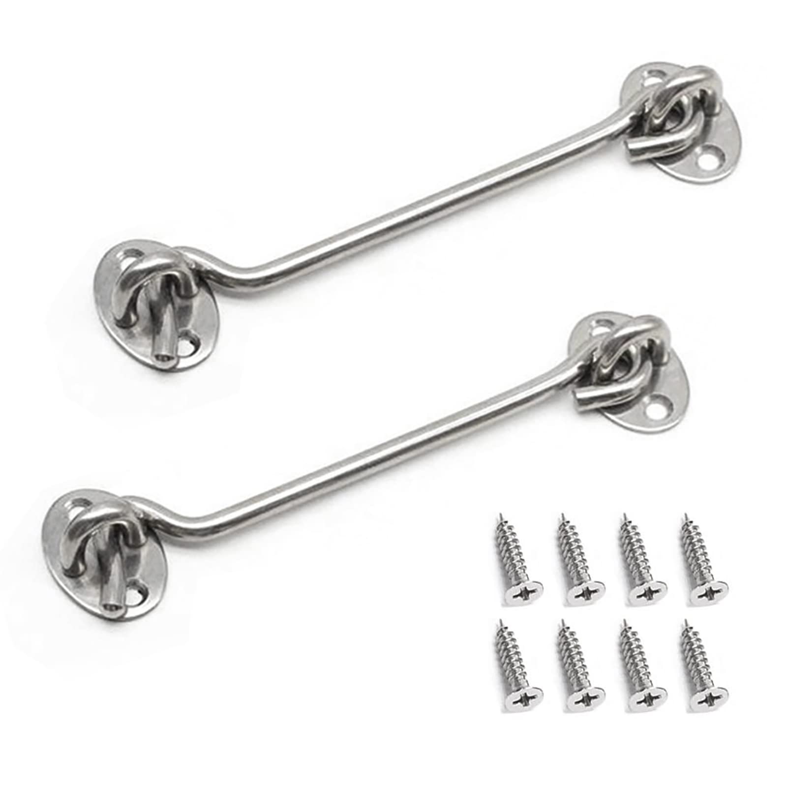 BuxiuGK 2 Pack Cabin Hook Eye Door Latch Stainless Steel 6 Inch/150mm with 8 Mounting Screws for Shed Doors Cabinet Doors