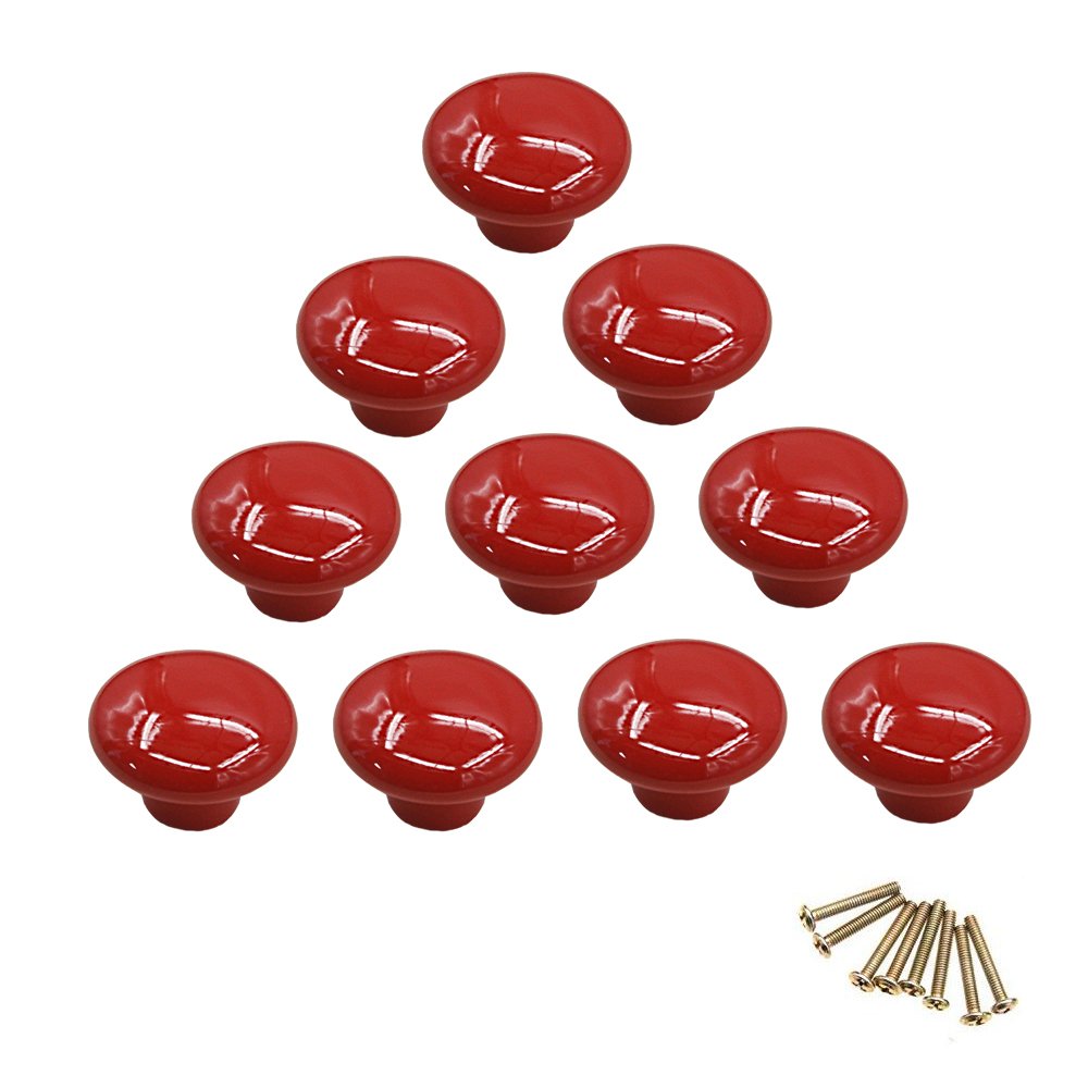 NUODWELL 10Pcs Round Colorful Ceramic Cabinet Knobs Single Hole Pull Handle for Drawer,Cupboard,Dresser,Door (Red)