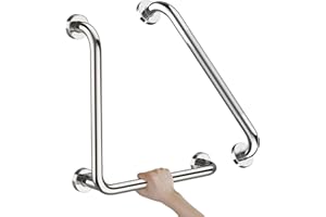 Polished Chrome L-Shaped Grab Bar 16x16 Inch + Knurled Shower Grab Rail 20 Inch, Zepolu Stainless Steel Angled Toilet Safety Bar, Bathroom Mobility Aid Handrail, Balance Support Assist Bar for Senior