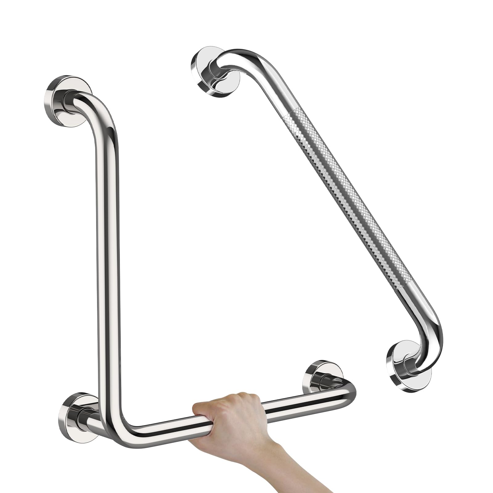 Photo 1 of Polished Chrome L-Shaped Grab Bar 16x16 Inch + Knurled Shower Grab Rail 20 Inch, Zepolu Stainless Steel Angled Toilet Safety Bar, Bathroom Mobility Aid Handrail, Balance Support Assist Bar for Senior