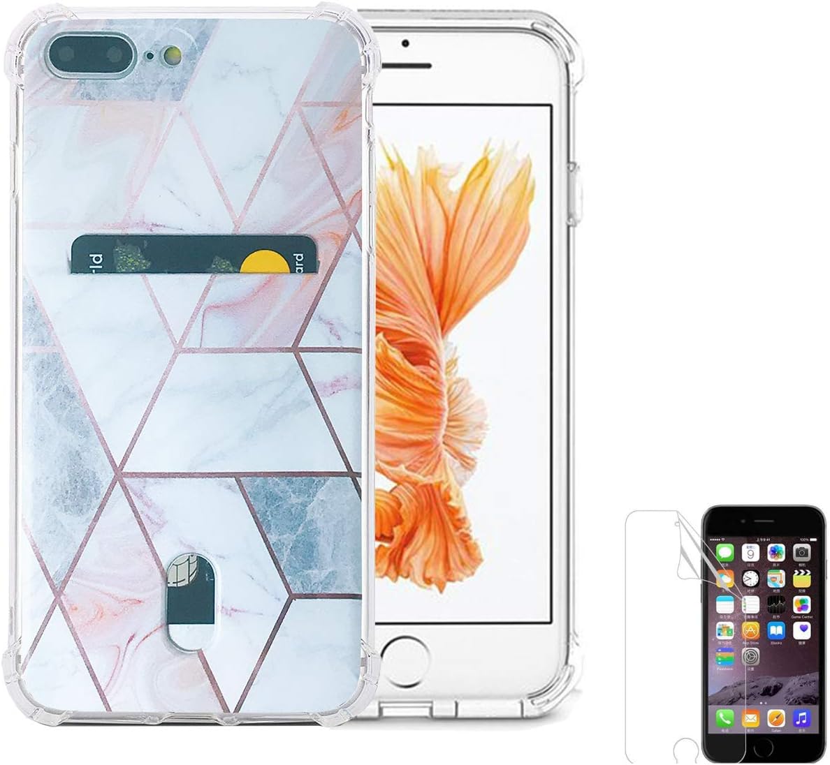 Oddss Case Compatible for iPhone 8 Plus/7 Plus(5.5") with Card Holder Rose Gold White Gray Marble Ultra-Slim Thin Soft TPU Clear Cover Compatible for iPhone 8 Plus/7 Plus with Screen Protector