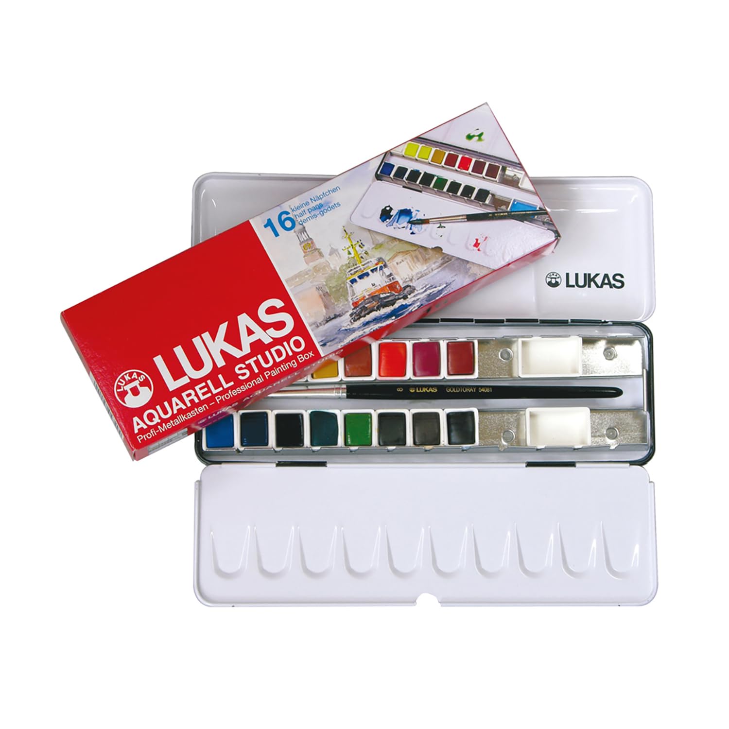 LUKAS Studio Aquarell Set, 16 x Half Pans in Assorted Colours, With Brush, For Entry-Level Professional & Student Watercolour Artists
