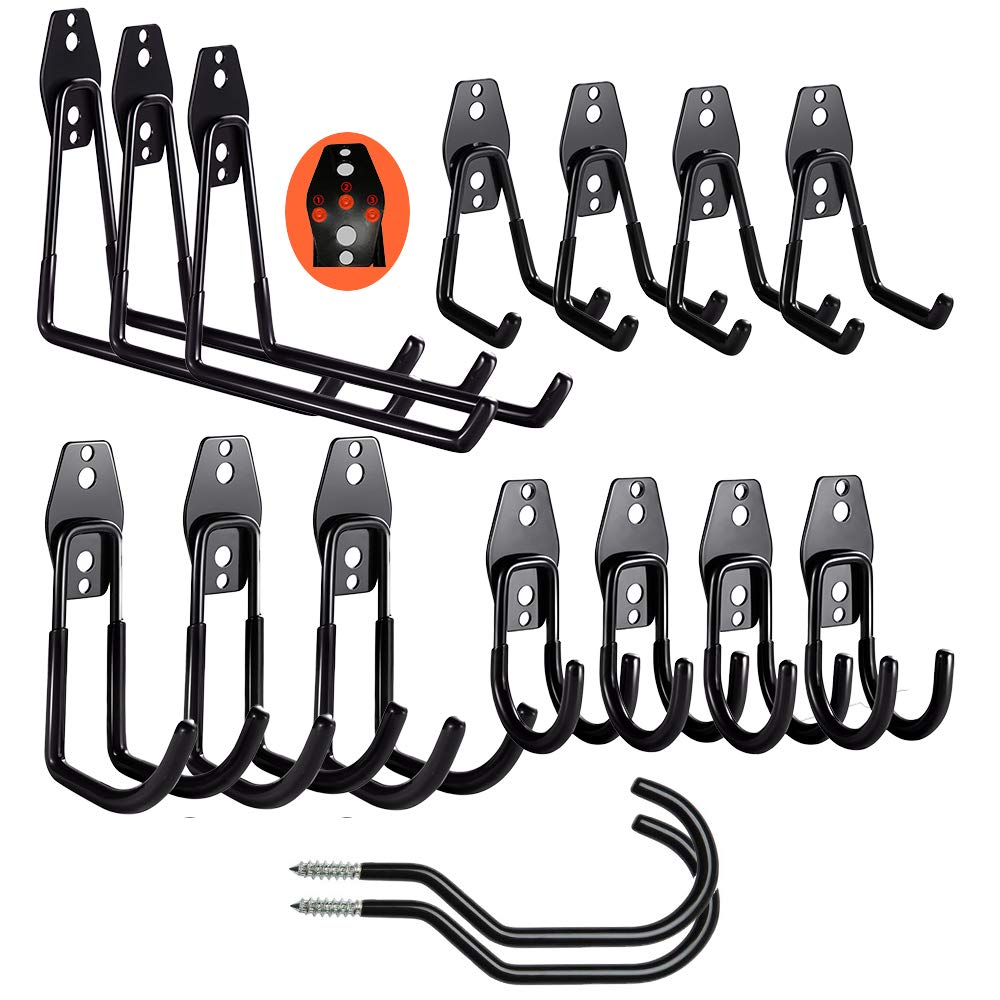 Garage Hooks Heavy Duty,16 pc Steel Garage Storage Hooks,Garage Wall Utility Wall Mount Garage Hooks and Hangers with Anti-Slip Coating for Garden Tools,Ladders,Bulky Items(14,Black)