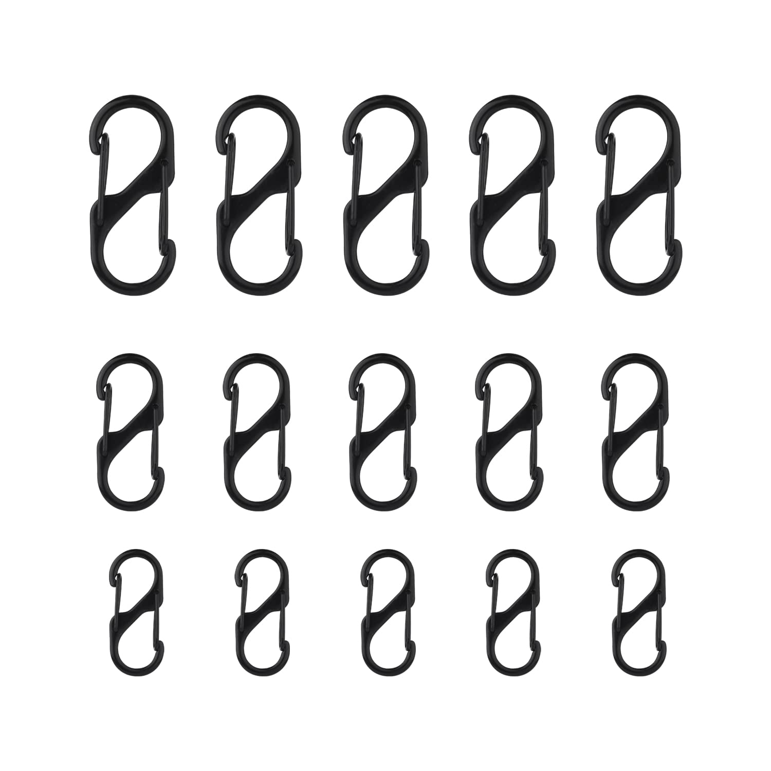 15pcs Black Zipper Locks, Backpack Zipper Locks Dual S Shaped Carabiner Clips Keyring Keychain Quick Clip Theft Deterrent Double Spring Buckle Hook for Camping Outdoor (Small, Large, Medium)