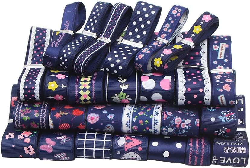 Random 12y/lot Grosgrain and Satin Ribbon DIY Bows Sewing Ribbon (Range Mixed 13 Navy Blue)
