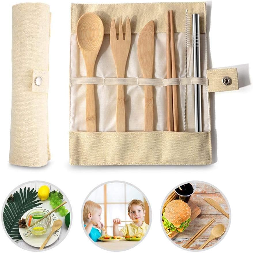 Lesgos Bamboo Utensils Cutlery Set, Portable Utensils Set Camping Utensils Set Reusable Bamboo Fork Spoon Knife Chopsticks Straws Metal Brush for Kids & Adults