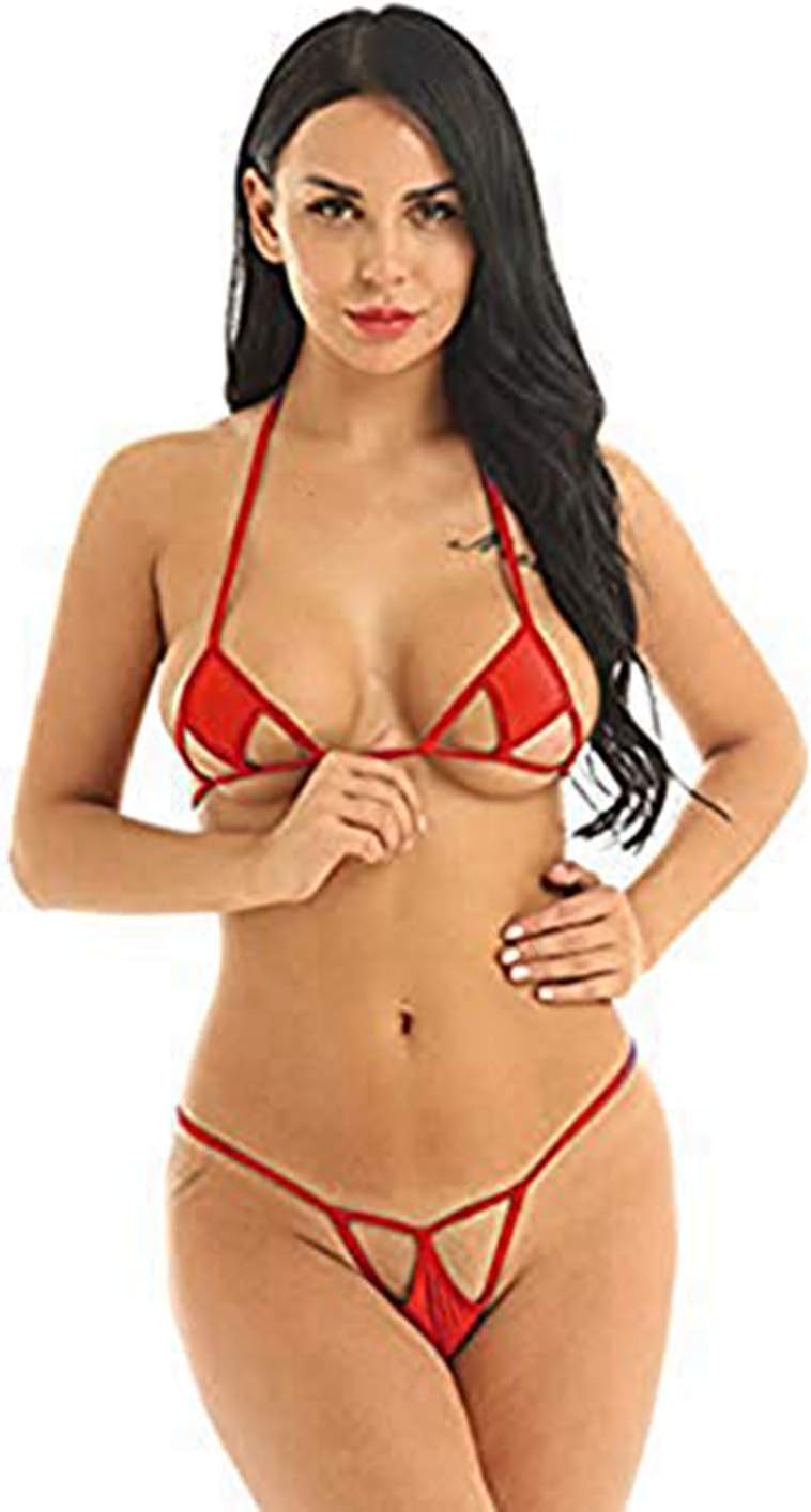 Women's Micro Bikini Set Halter Cutout Triangle Bra Top with T-Back G-String Thongs Bottoms