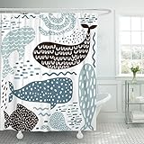 Emvency Shower Curtain Black Abstract with Sea Animal Fur Seal Whale Octopus Fish Childish in Pastel Colors Blue Baby Brush Waterproof Polyester Fabric 72 x 72 inches Set with Hooks