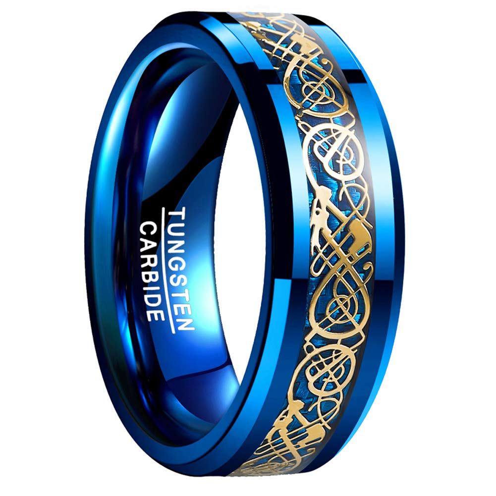 VakkiCeltic Dragon Rings for Men 8mm Blue/Silver Carbon Fiber Inlay Tungsten Carbide Wedding Band Beveled Edge Size 5-14