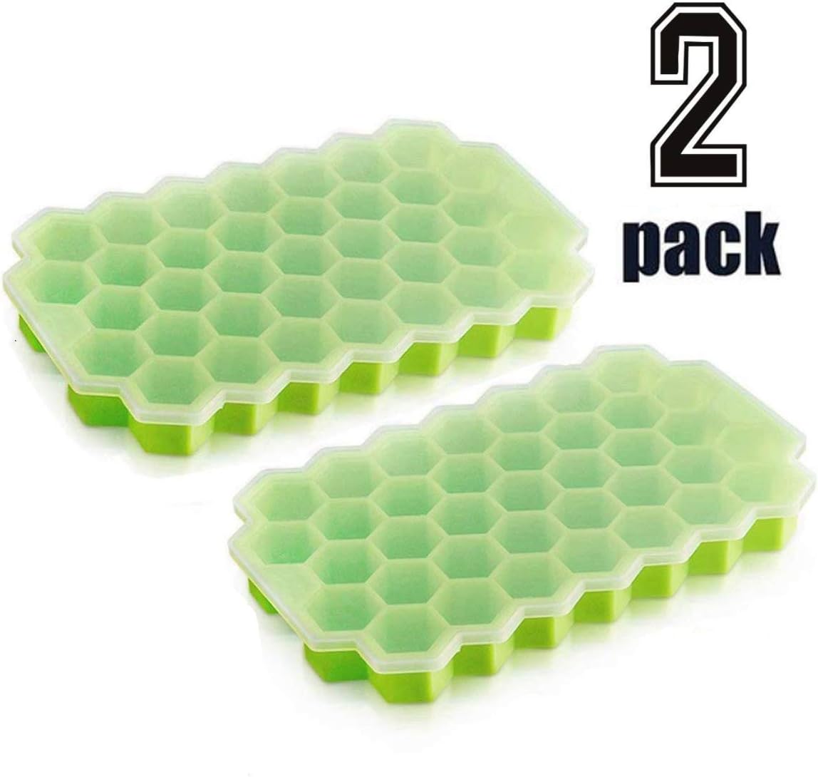 Silicone Ice Cube Trays with Removable Lid for Freezer, Set of 2, Easy Release and Flexible Mold BPA Free Food Storage No Odors and Stackable Dishwasher Safe (37 Comb Green2)