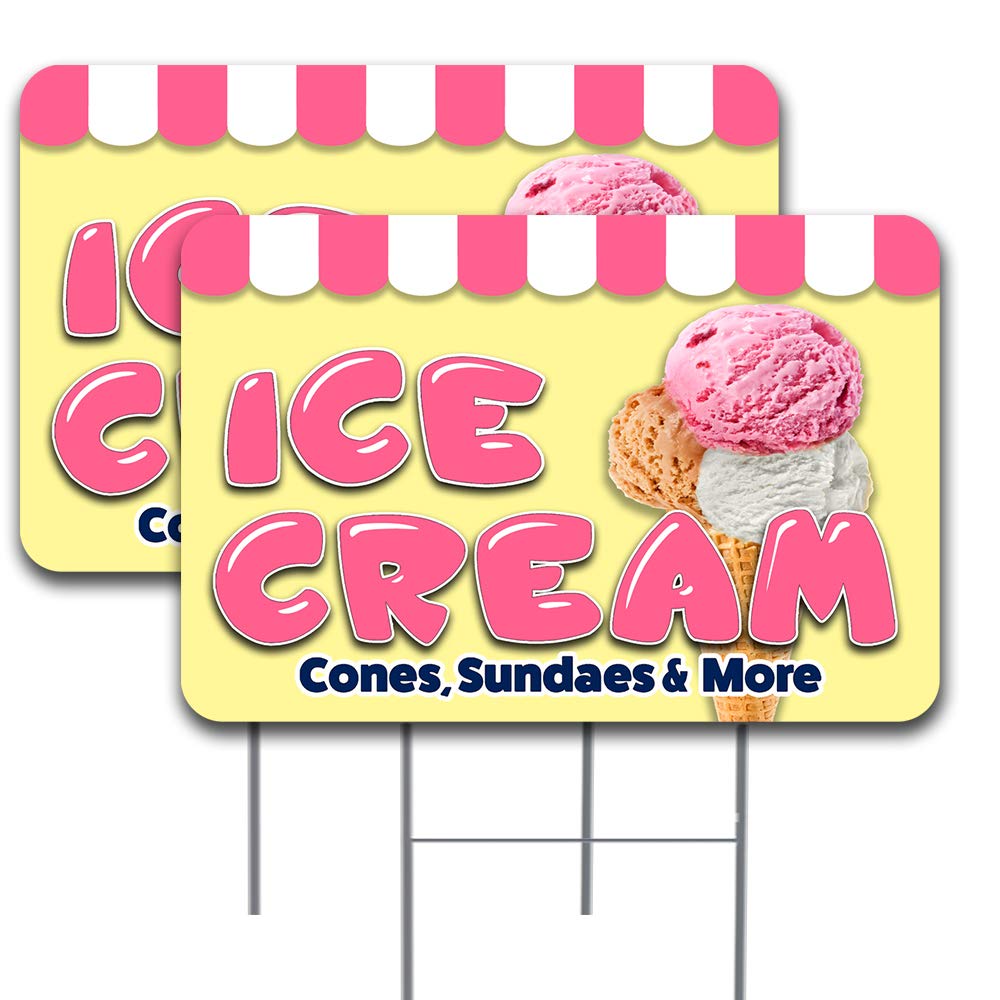 2 Pack ICE Cream Yard Sign 16" x 24" DoubleSided Print, with Metal Stakes