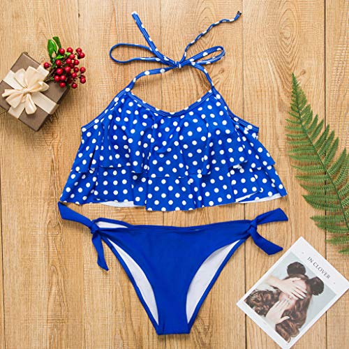 Women 2 Piece Halter Bikini Set Ruffle Backless Crop Dot Printed Bottom Bathing Suit Swimwear (Blue, L)