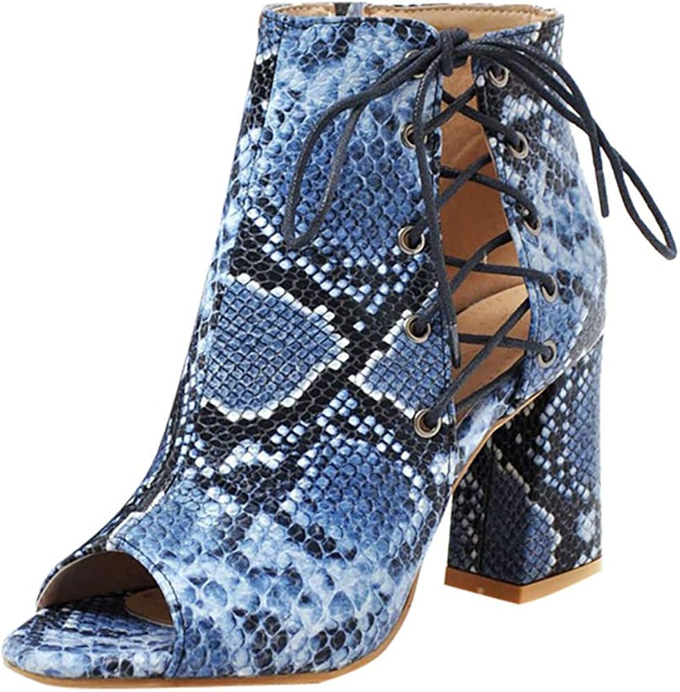 Aniywn Women's Lace Up High Block Heel Ankle Booties Open Toe Snake Print Hollow Out Chunky Heeled Booties
