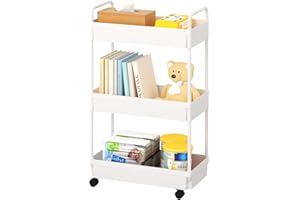 Kaitiemoo 3-Tier Storage Cart，Shelf Organizer Mobile Shelving ，Utility Rolling Cart，Multifunction Movable Storage Organizer with Lockable Wheels,White