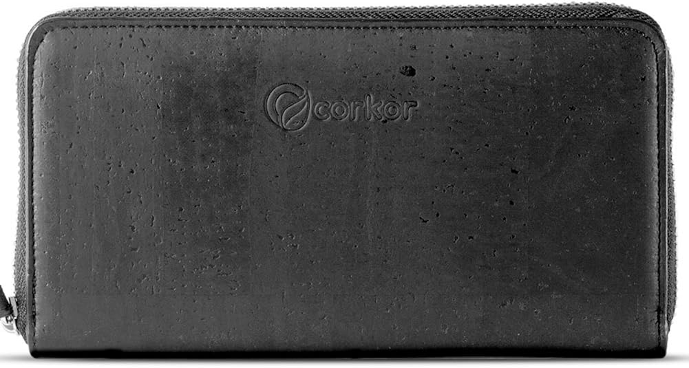 Corkor RFID Wallet Women Zip Around Clutch, Natural Cork Non-Leather Vegan Gift , Medium, Black