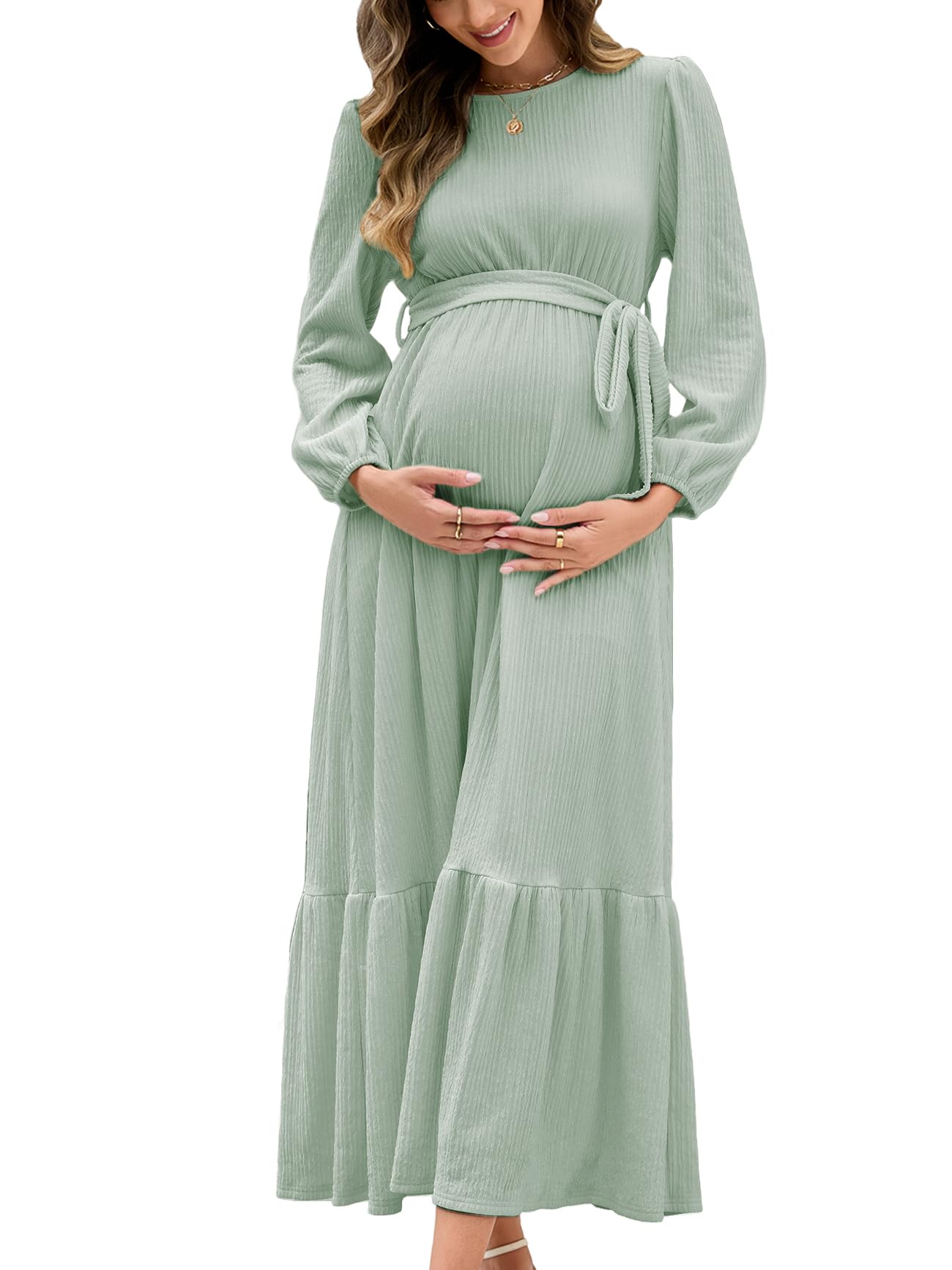 Photo 1 of AISWI Women's Maternity Maxi Dress with Belt Long Sleeve Crew Neck Pregnancy Dresses with Pockets Baby Shower Photoshoot, Green, Medium
