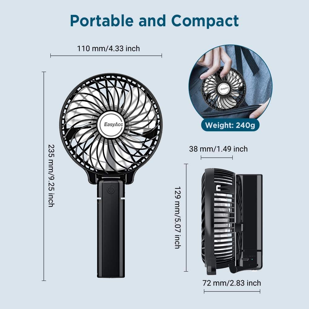 Mini Handheld Fan, EasyAcc Personal Cooling Fan with 2600mAh USB Rechargeable Battery 3-15 Working Hours Battery Fan Folding USB Desk Fan Small Portable Table Fan for Travel Office Room Household: Computers & Accessories