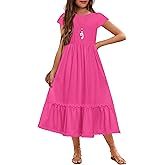 Arshiner Girls Summer Maxi Dresses Short Sleeve Casual Flowy Tiered Dress with Pockets for 4-14 Years