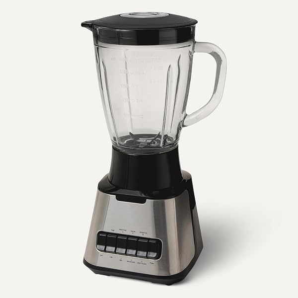 AMAZON BASICS POWERFUL 700W COUNTERTOP BLENDER WITH 6-CUP (50 FL. OZ) GLASS JAR, 6 PRE-PROGRAMMED FUNCTIONS, ICE CRUSH, STAINLESS STEEL BLADES, BLACK & SILVER
