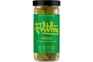 FILTHY FOOD Filthy Pickle Stuffed Olives, Premium Cocktail Garnish, Naturally Cured Queen Olives Stuffed with Mini Gherkins for Bloody Marys & Martinis, 8.5 Oz Jar, 12 Olives