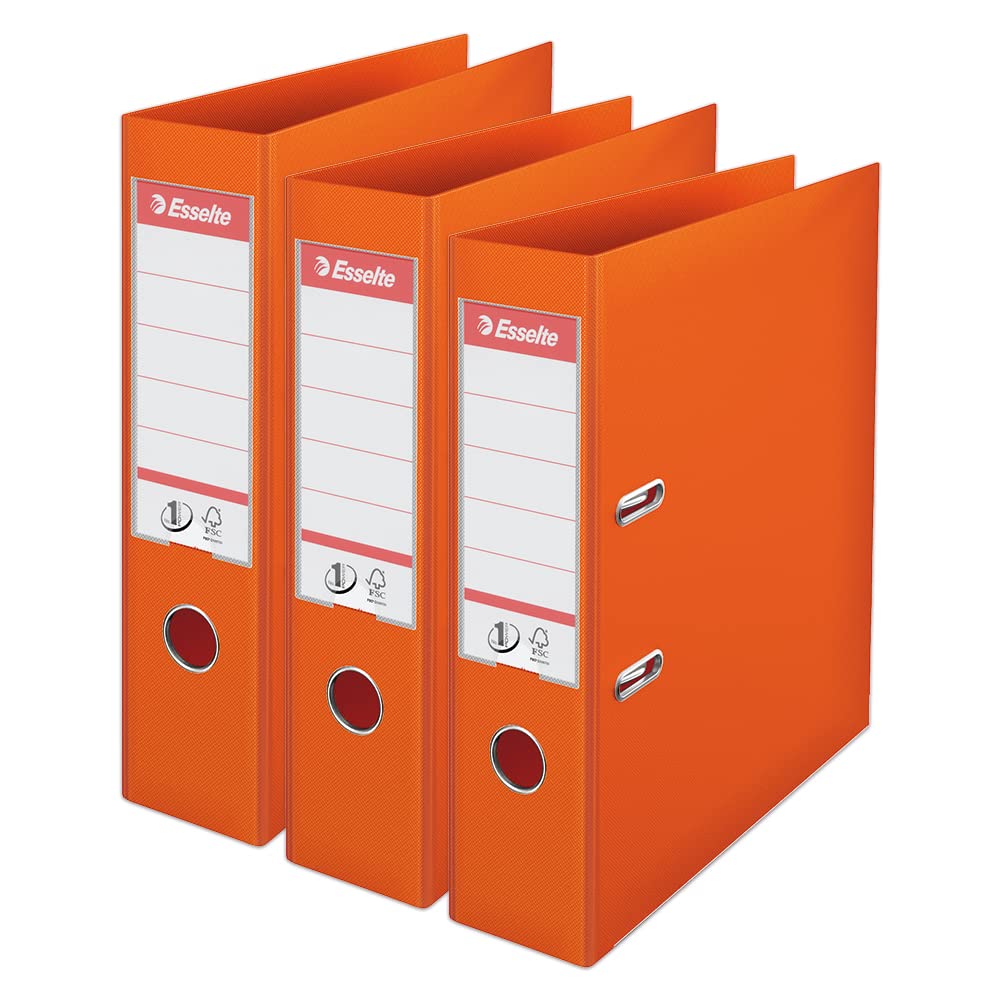 Esselte VIVIDA A4 Lever Arch File, 75 mm Spine, 500 sheets Capacity, PP, Plastic Cover, Files & Folders, Orange, 3 Pack, 624281