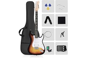 RVONE RST-150 39”Beginner Electric Guitar Kit with Amplifier, Classic HSS Pickup, Electric Guitar with Gig Bag, Capo, Strap, Extra Strings, Digital Tuner, 3 Picks, Cleaning Cloths (3-Sunburst)
