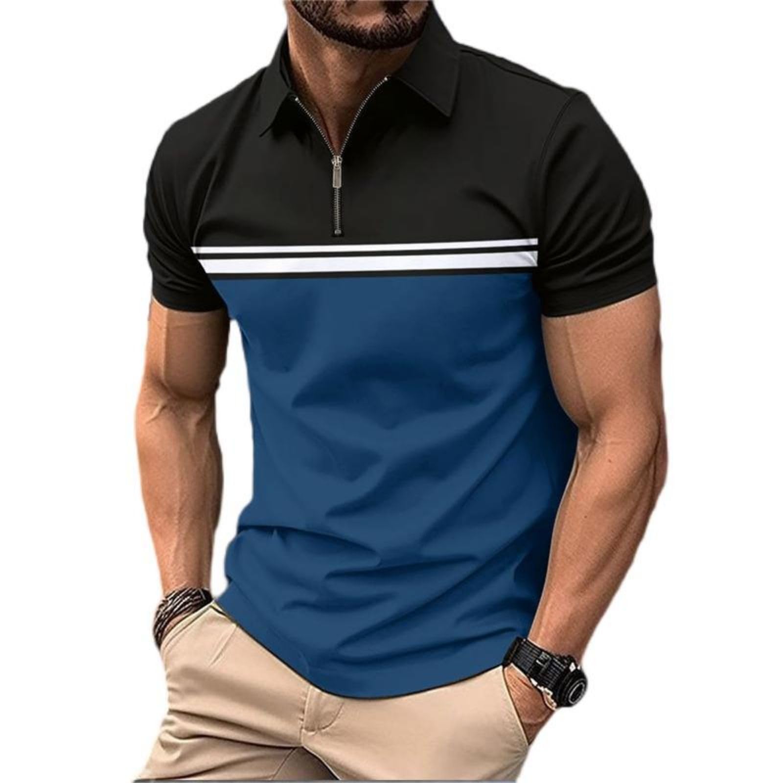 Photo 1 of Men's Casual Polo Shirts Short Sleeve Fashion Golf Shirt Classic Striped Slim Fit T-Shirts